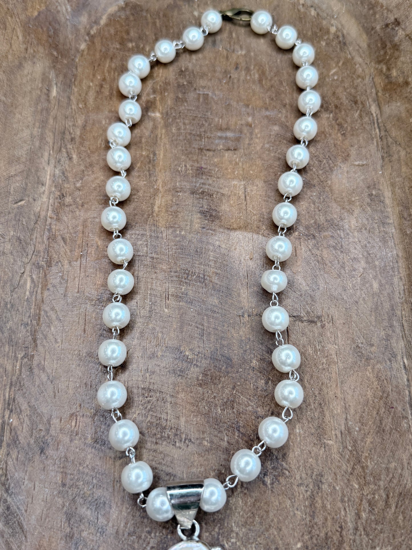 German Silver Pearl Carved  Cameo Cluster Necklace