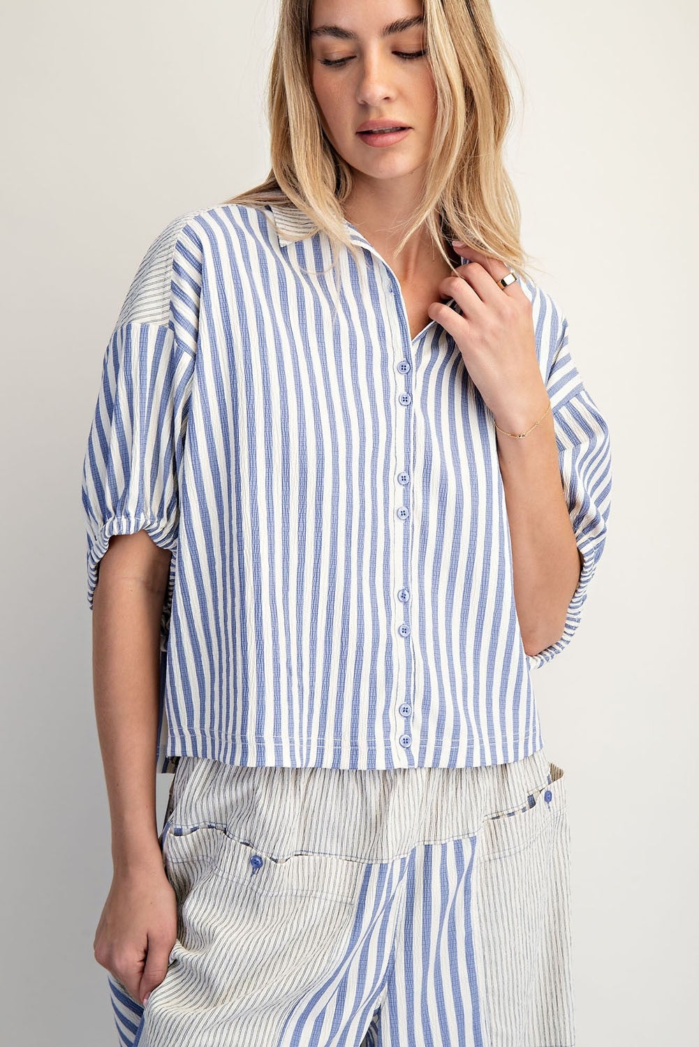 Boxy Striped Button Down Shirt (Denim/Blue)