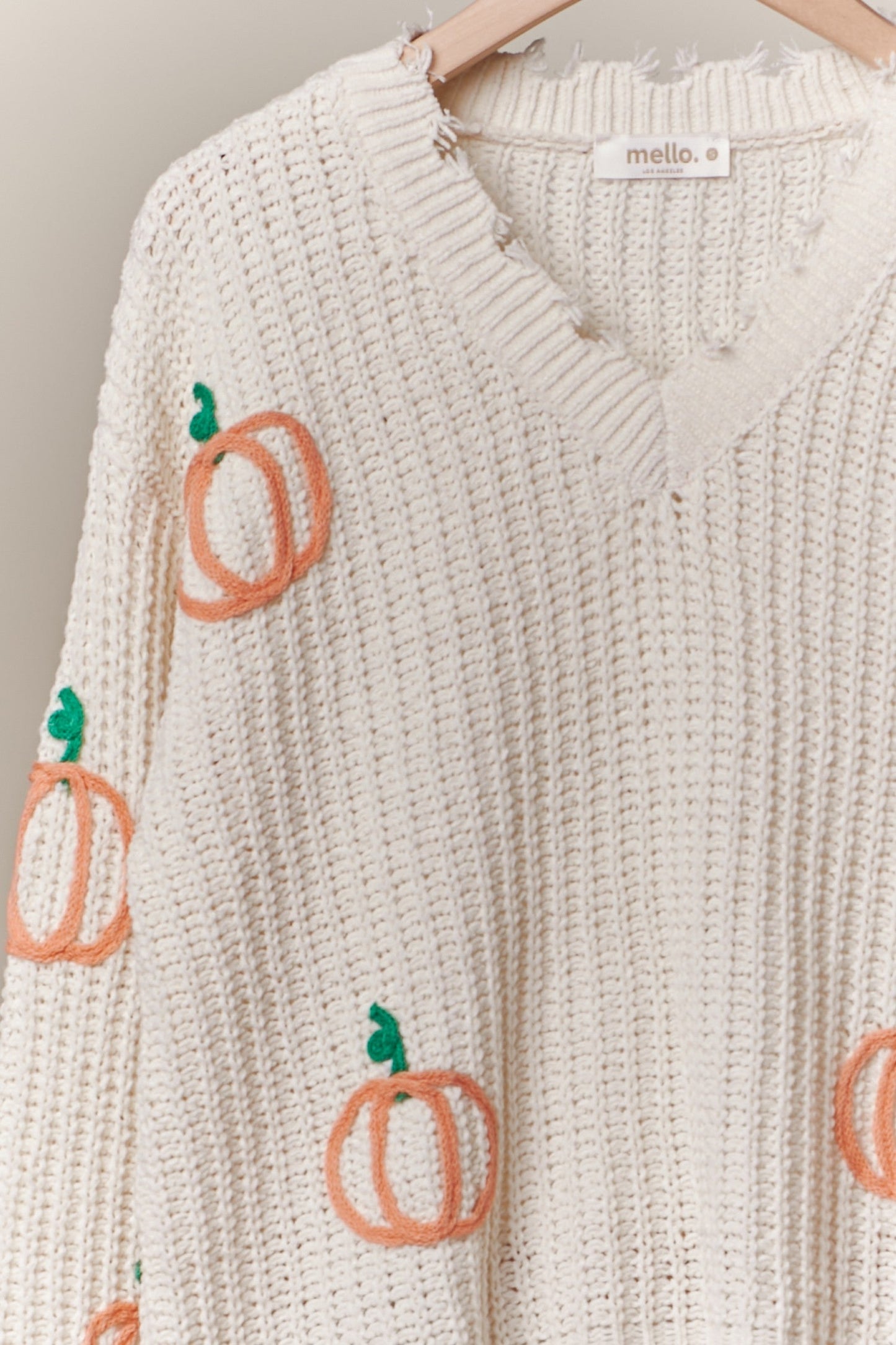 SALE Mello - Pumpkin Embroidered Distressed Sweater (Ivory) *Final Sale*