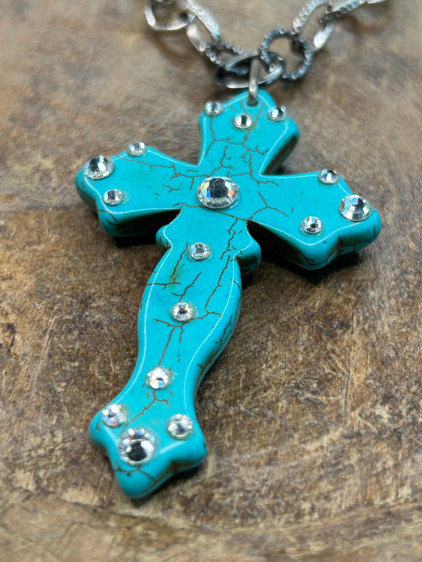 Lost & Found- Turquoise and Rhinestone Cross Necklace