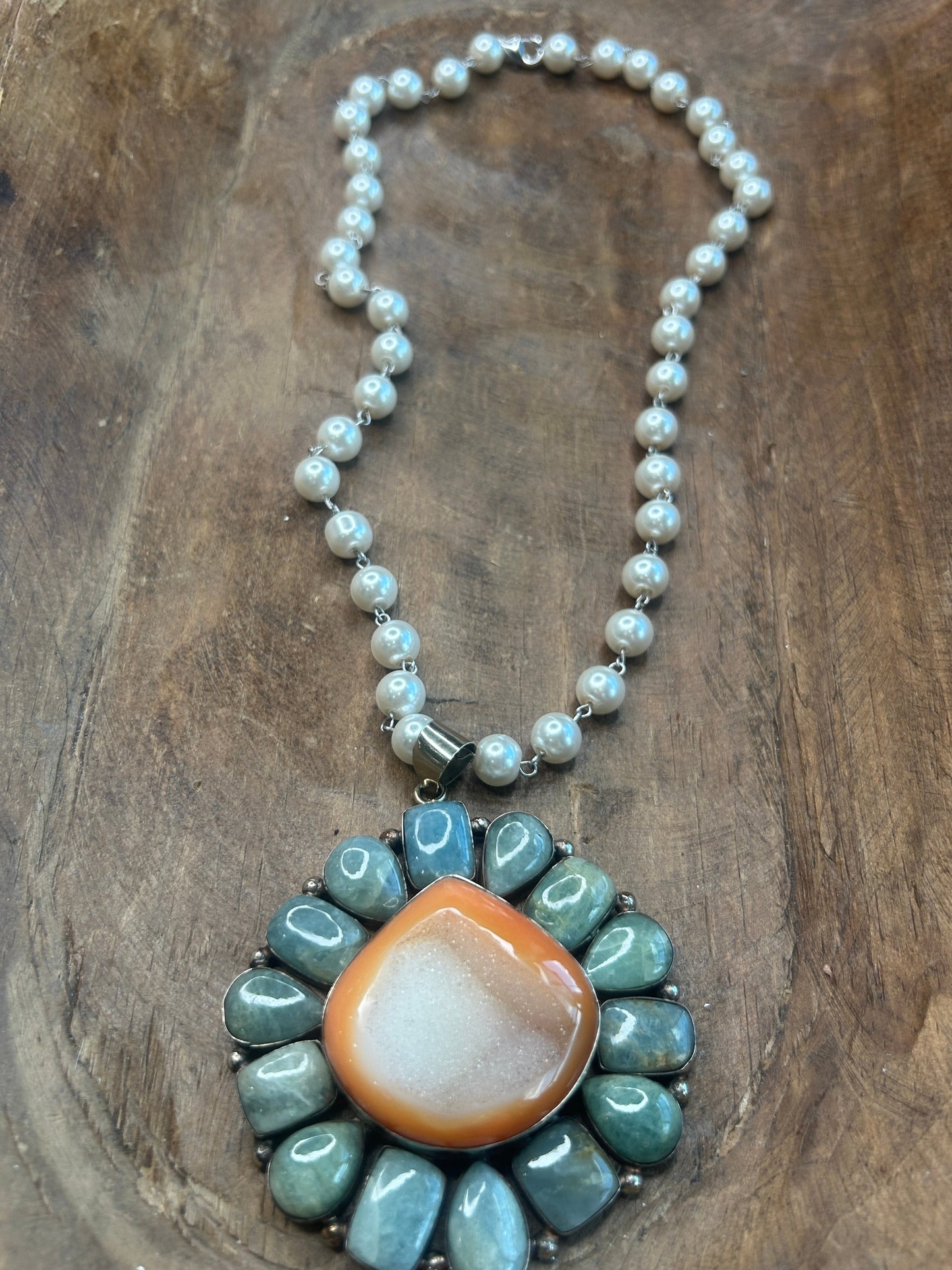 German Silver Amazonite and Druzy Carnelian Necklace
