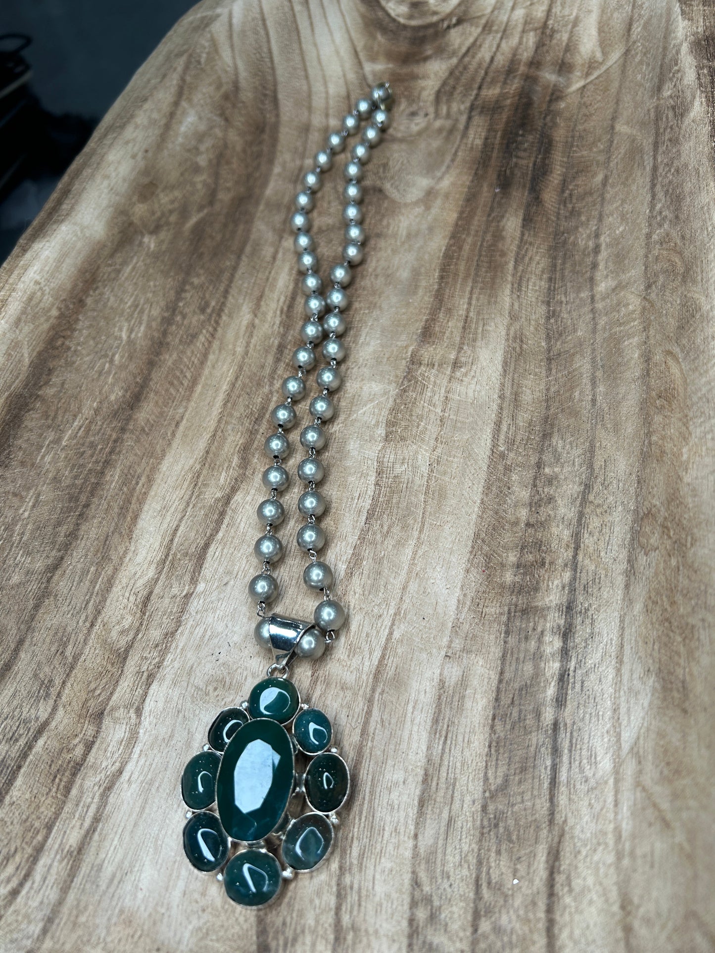 German Silver Green Onyx Cluster Necklace