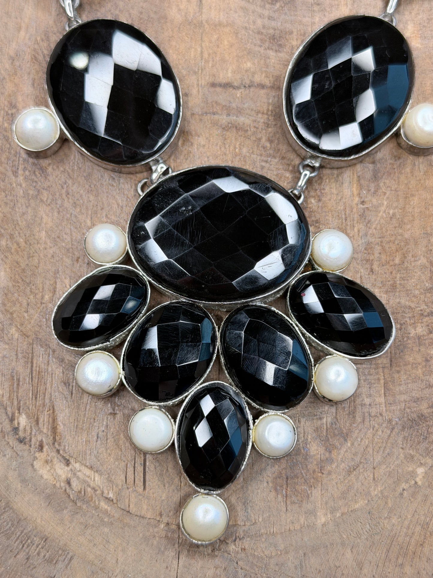 German Silver Faceted Black Agate and Pearl Necklace