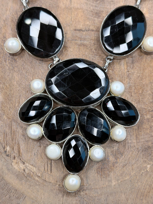 German Silver Faceted Black Agate and Pearl Necklace