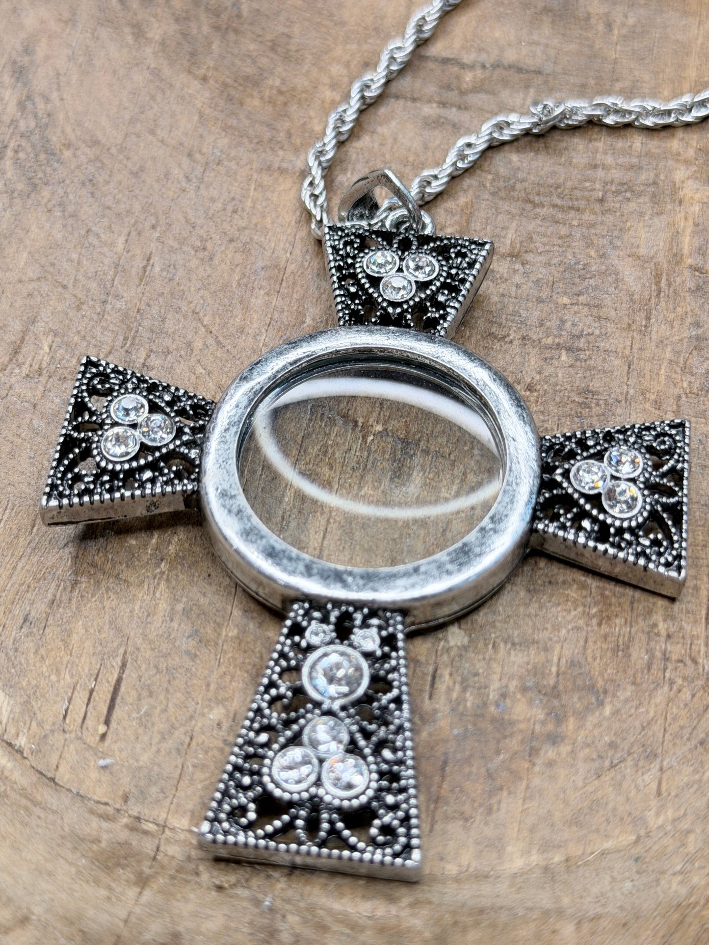 Silver Magnifying Glass Cross Necklace (B)