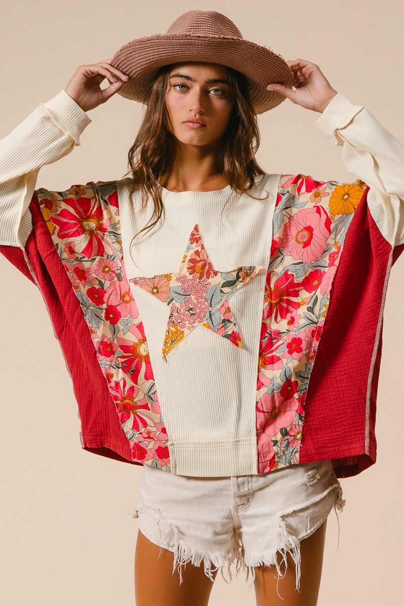 BiBi- Knit and Print Mix and Match Top (Oatmeal/Rust) *Final Sale*