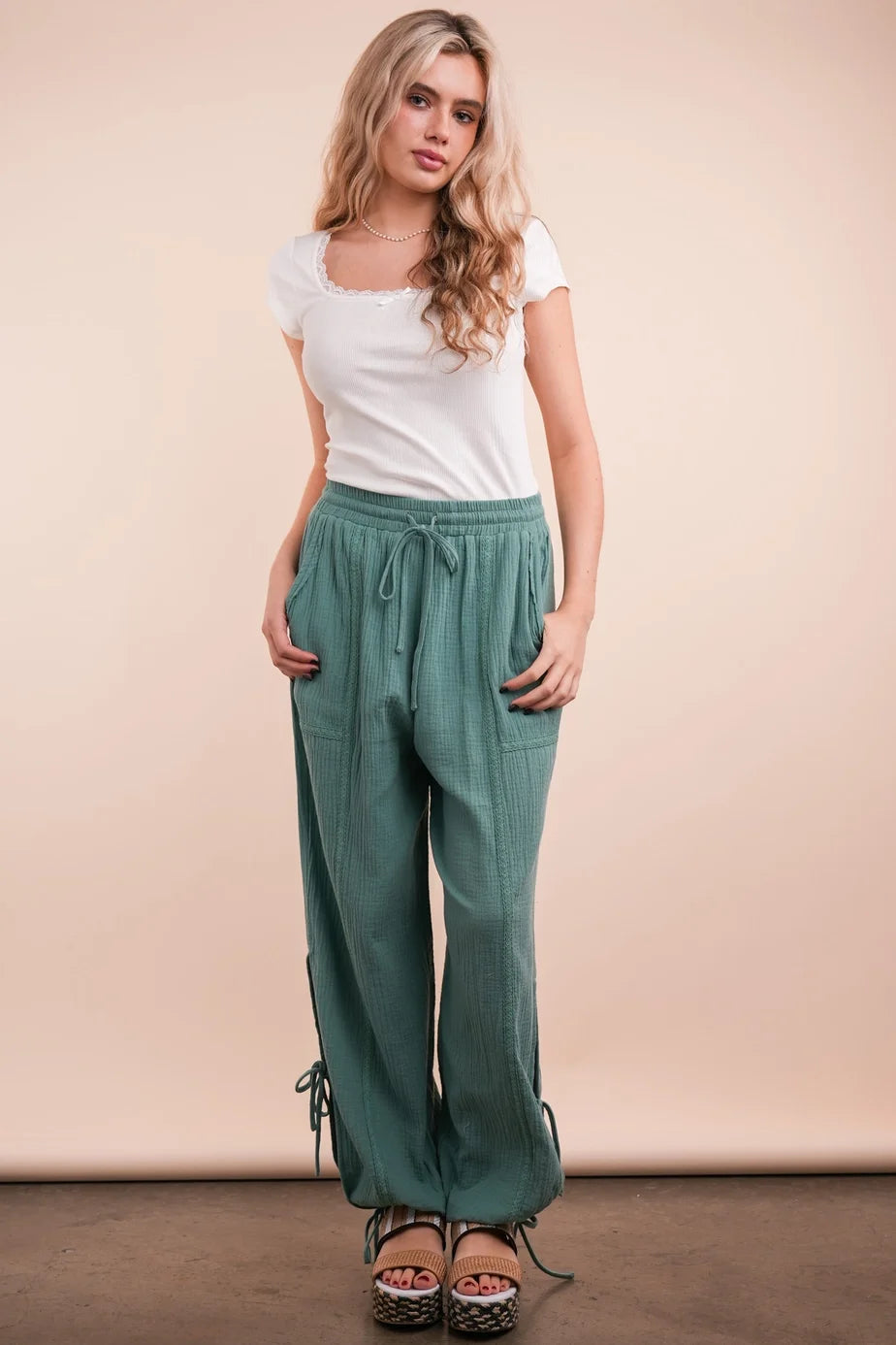 Very J Side Tunnel Harem Pants with Lace Trim Detail Sage *Final Sale*