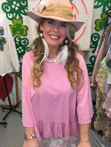 EASEL - Ruffle Bottom Washed Cotton Tunic (Pink)