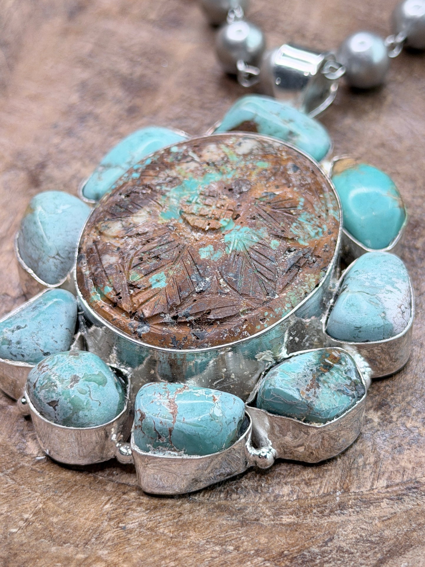 German Silver Carved Turquoise Cluster Necklace