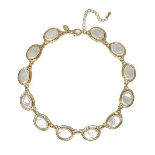 Gold Faux Freshwater Pearl Bezel Necklace