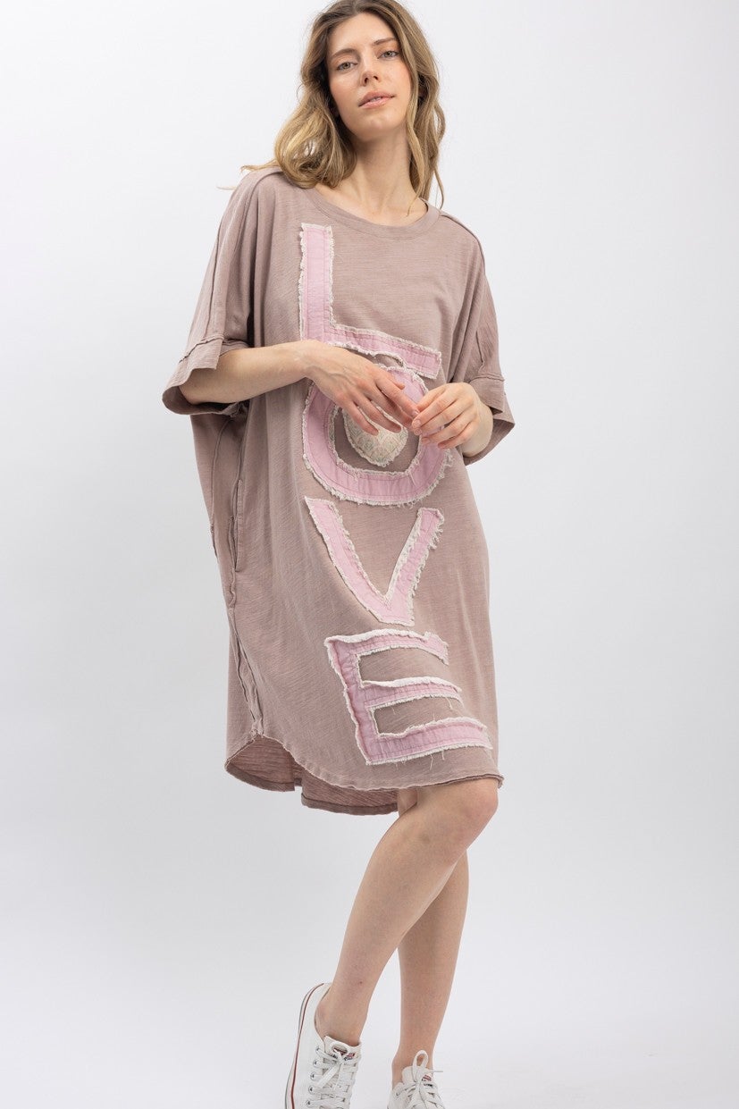 BlueVelvet- Love Lettering Patchwork Short Sleeve Dress (Mauve) *Final Sale*