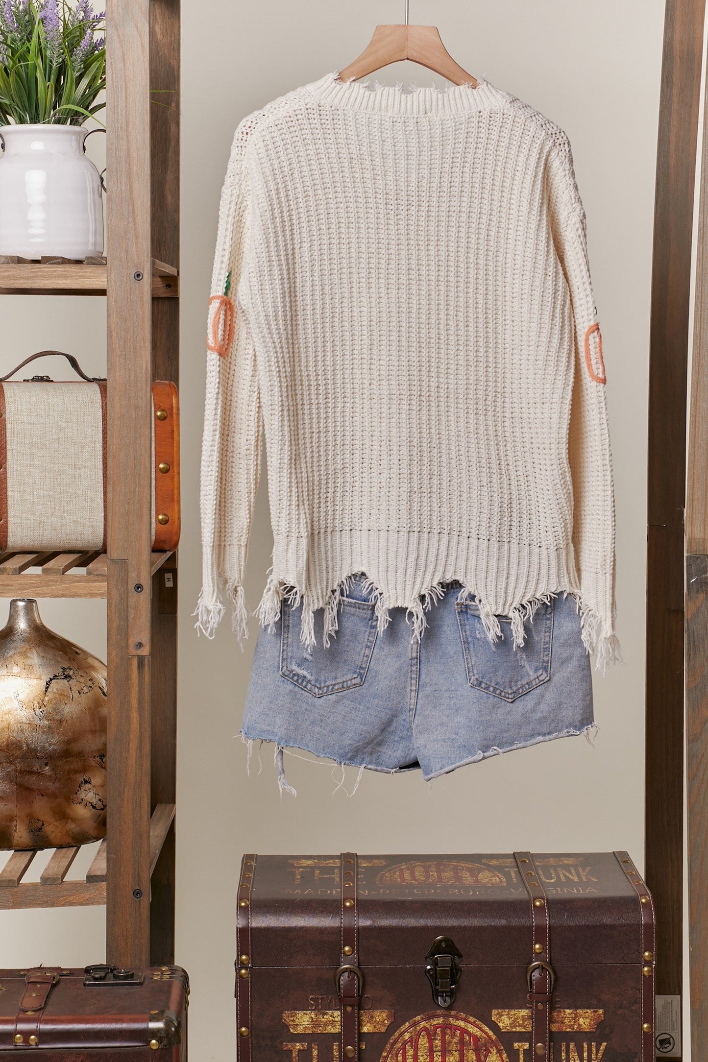 SALE Mello - Pumpkin Embroidered Distressed Sweater (Ivory) *Final Sale*