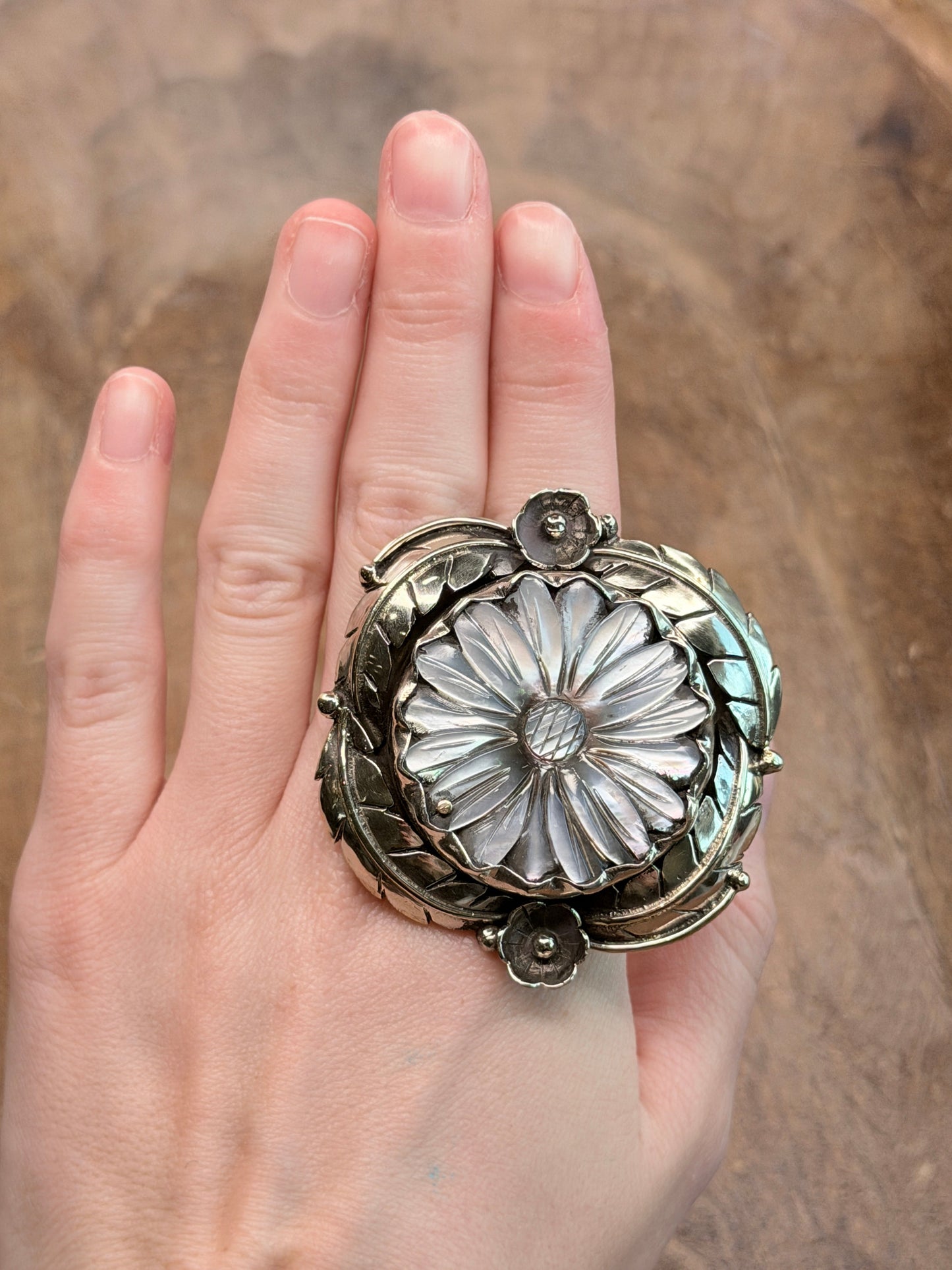 Beck Tibetan Silver Mother of Pearl Carved Flower Ring