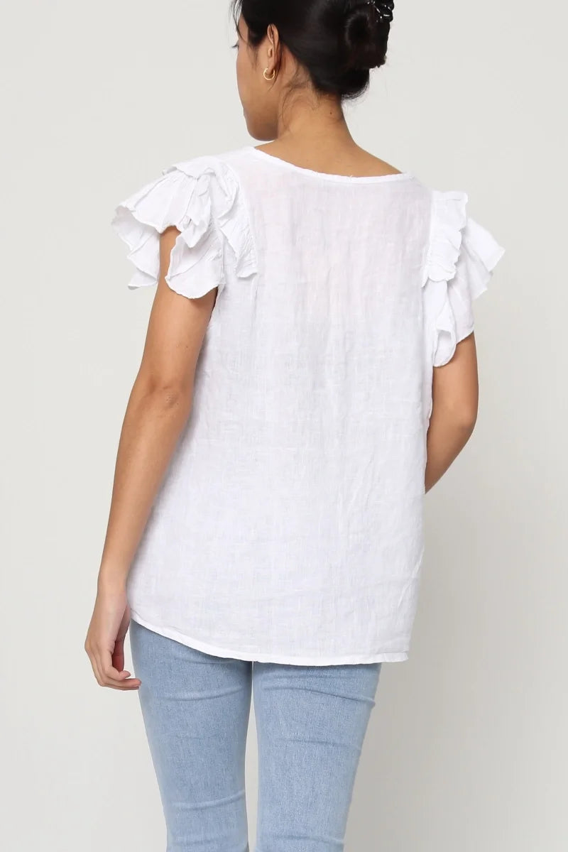 Ruffle Sleeve Linen Top (White)