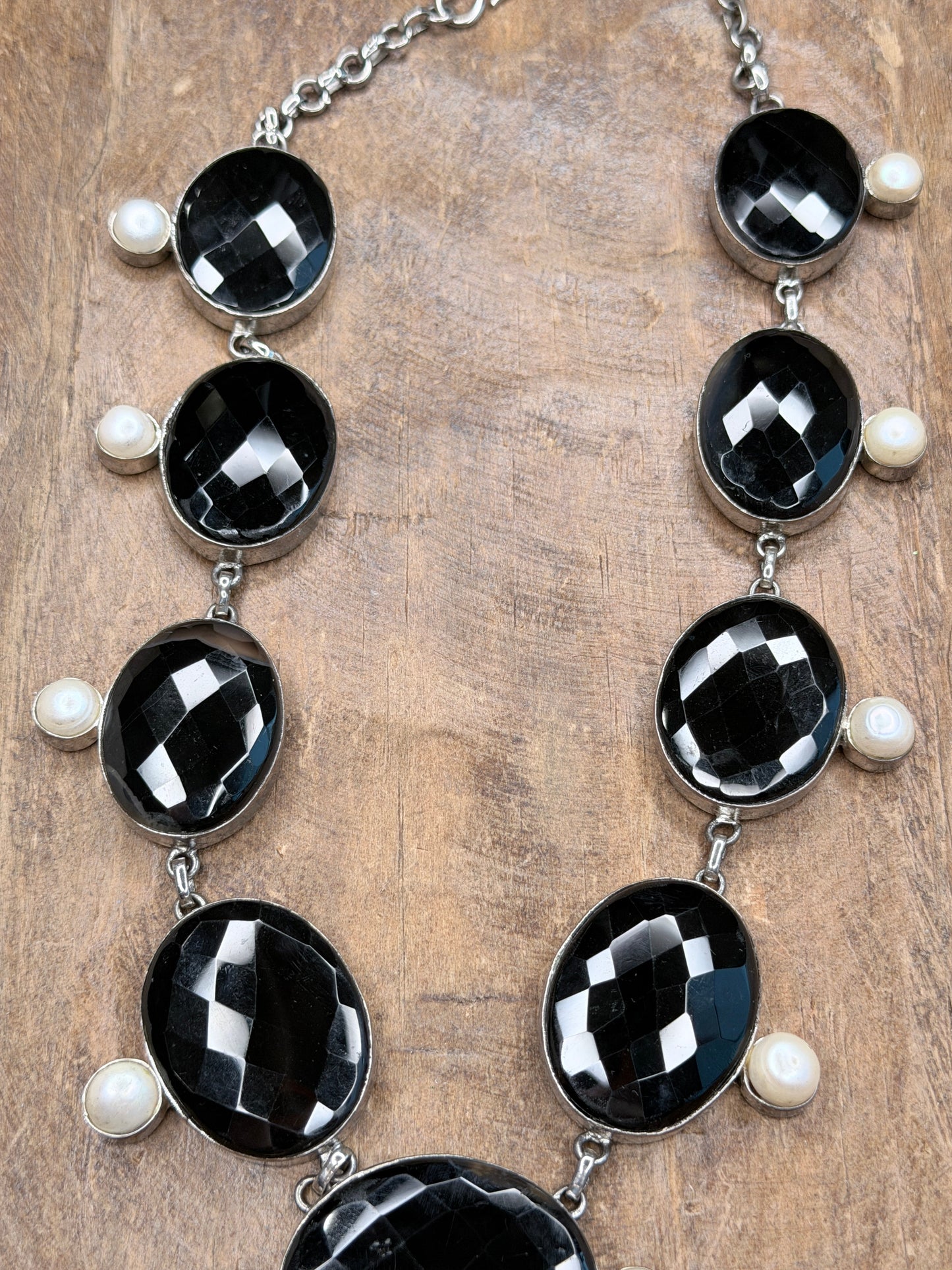 German Silver Faceted Black Agate and Pearl Necklace