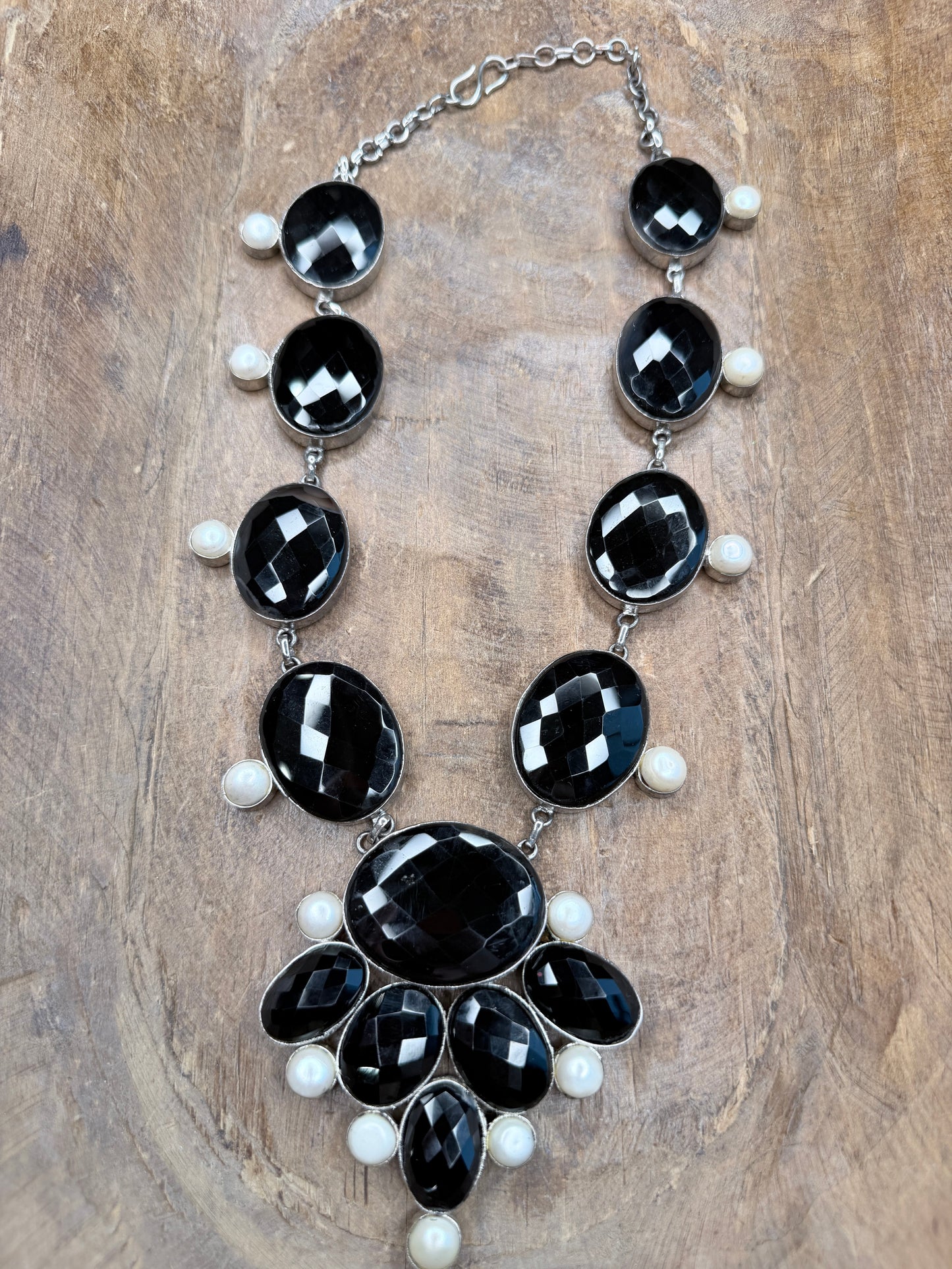 German Silver Faceted Black Agate and Pearl Necklace