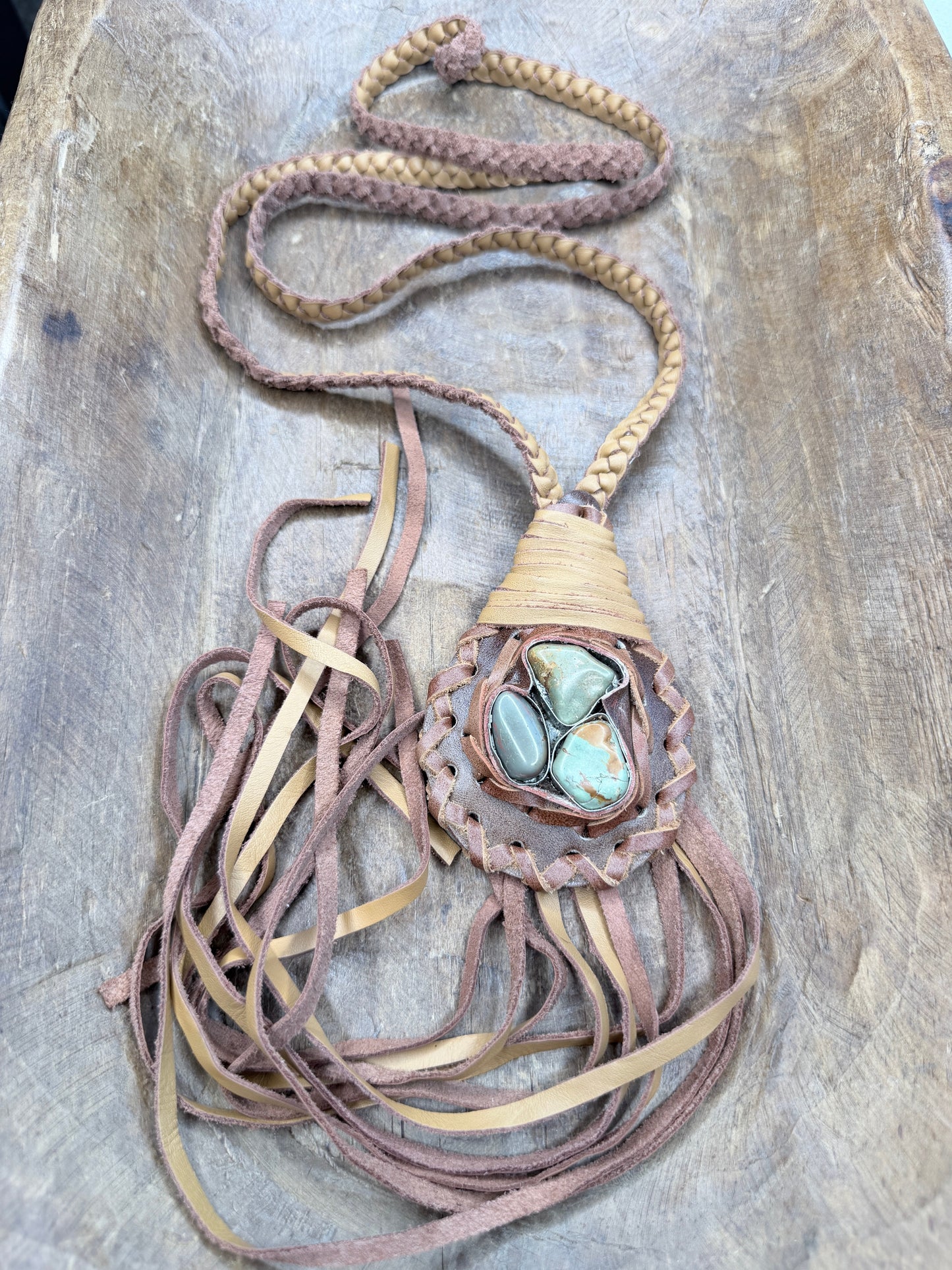 A Rare Bird- Turquoise Braided Leather Fringe Necklace