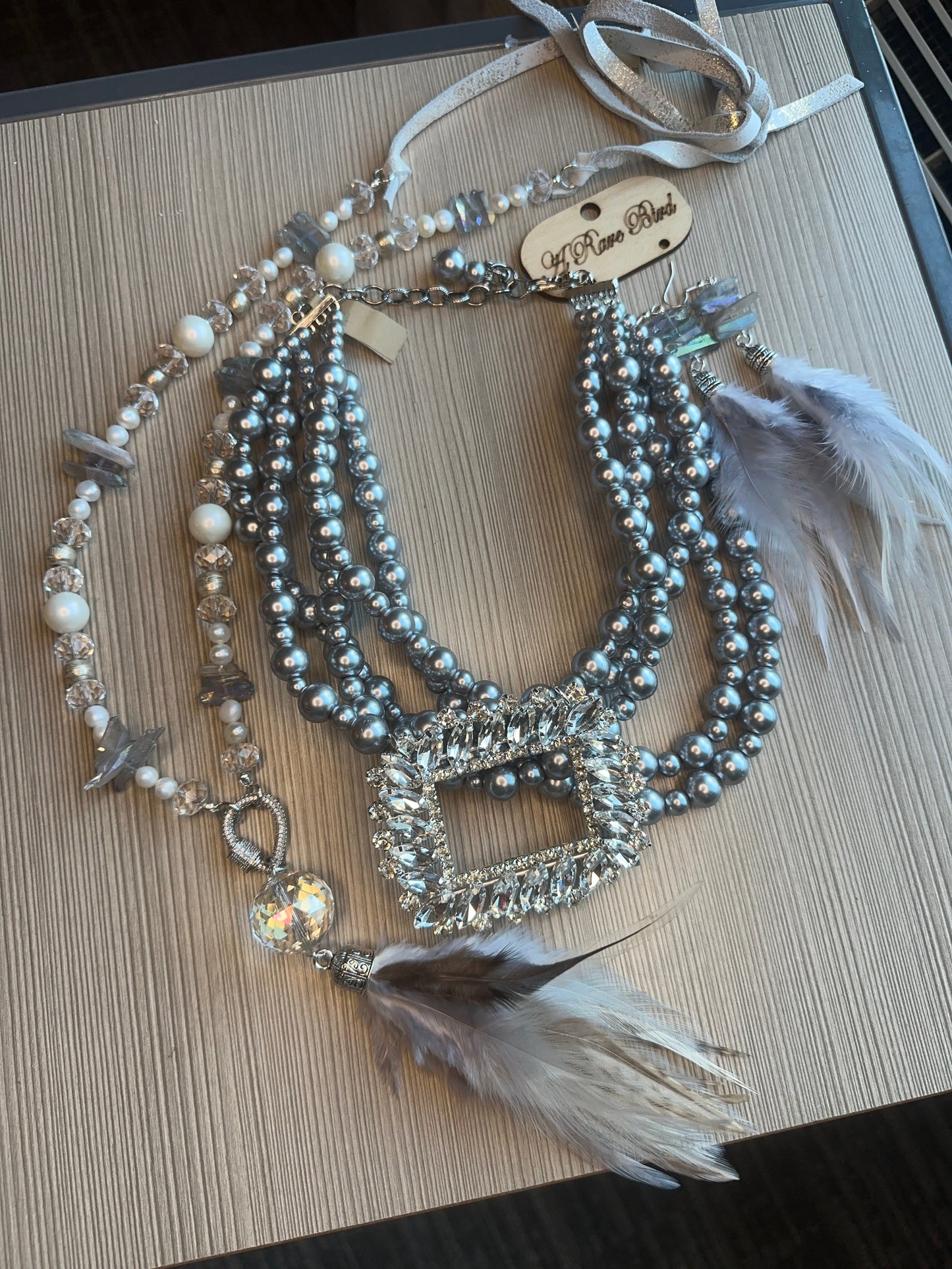 RARE BIRD 5 STRAND GREY PEARL AND RHINESTONE NECKLACE