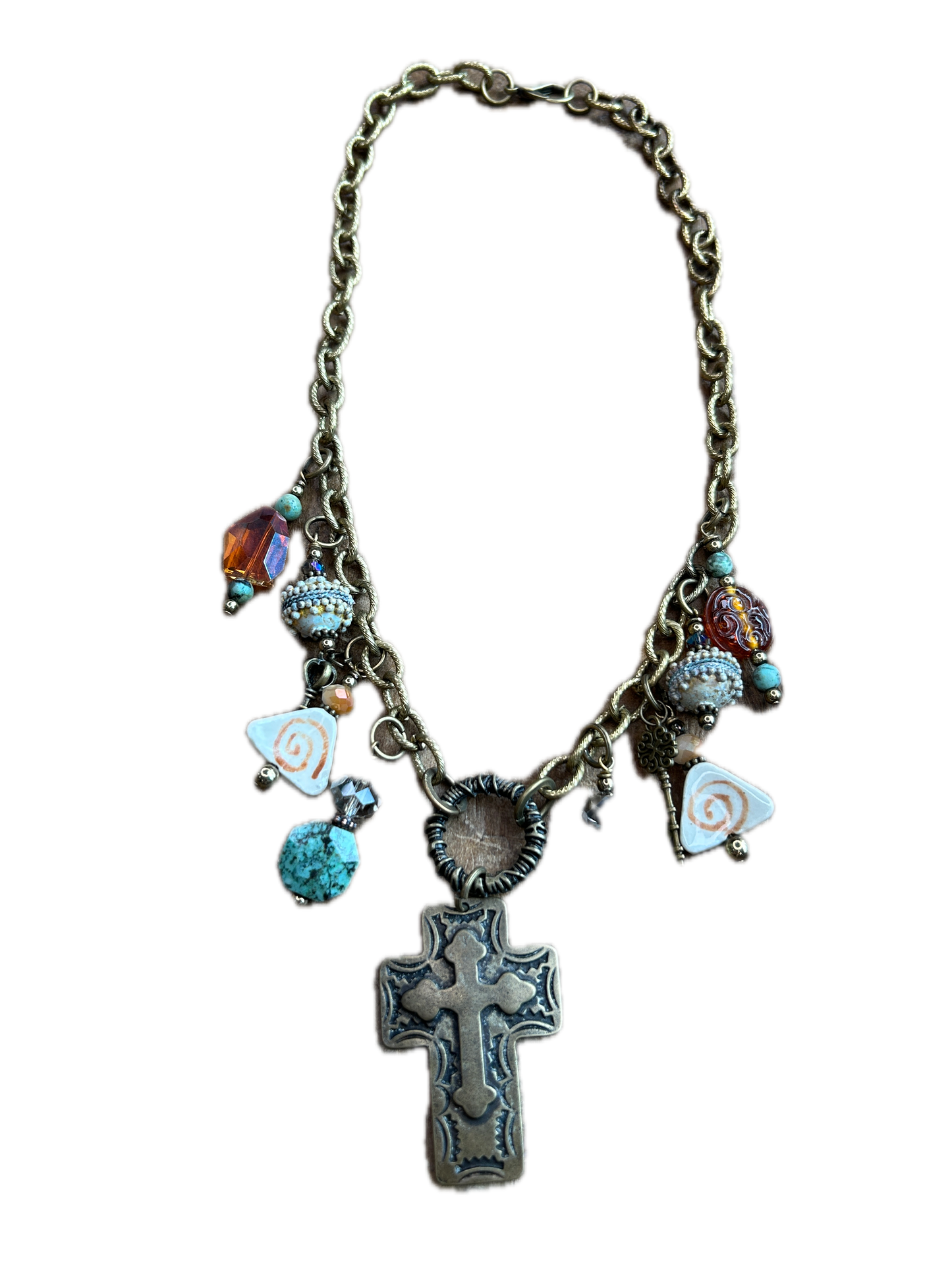 Lost & Found- Brassy Turquoise Cross Necklace