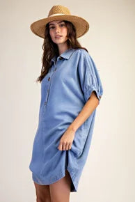 EASEL - Washed Front Button Shirt Dress (Denim)
