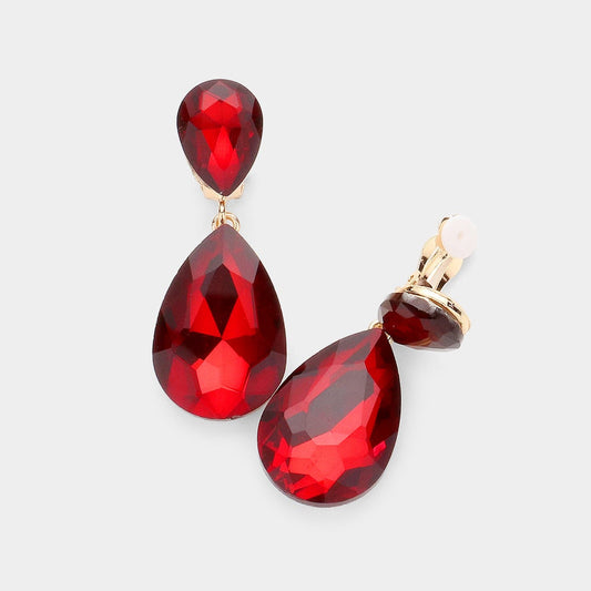 Double Teardrop Crystal Clip-On Earrings (Red)