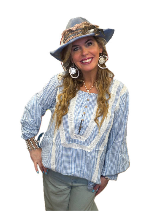 Oli & Hali- Washed Gingham Ruffle Hem Blouse (Blue) *Final Sale*