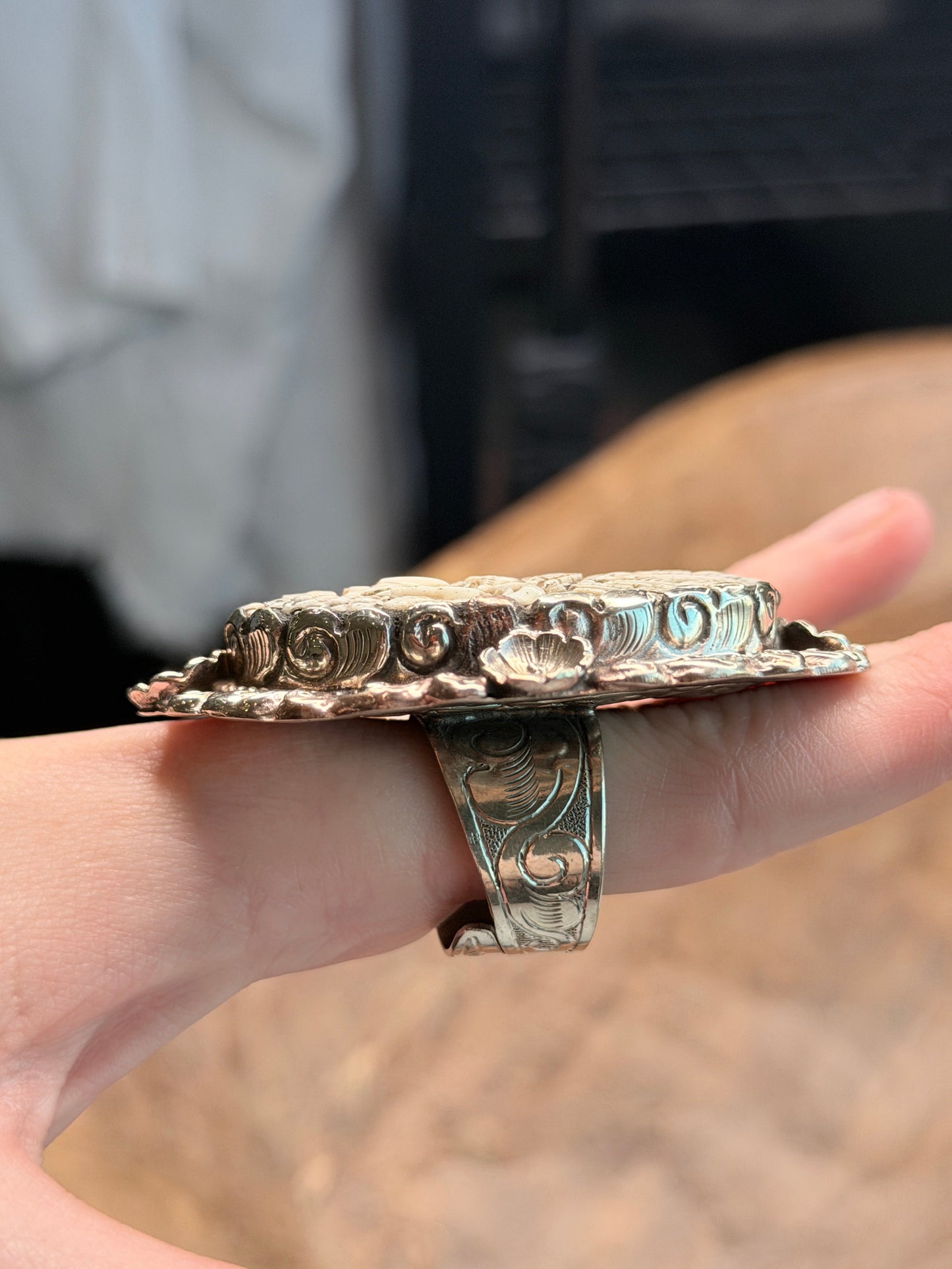 Tibetan Silver Bone Carved Chief Ring