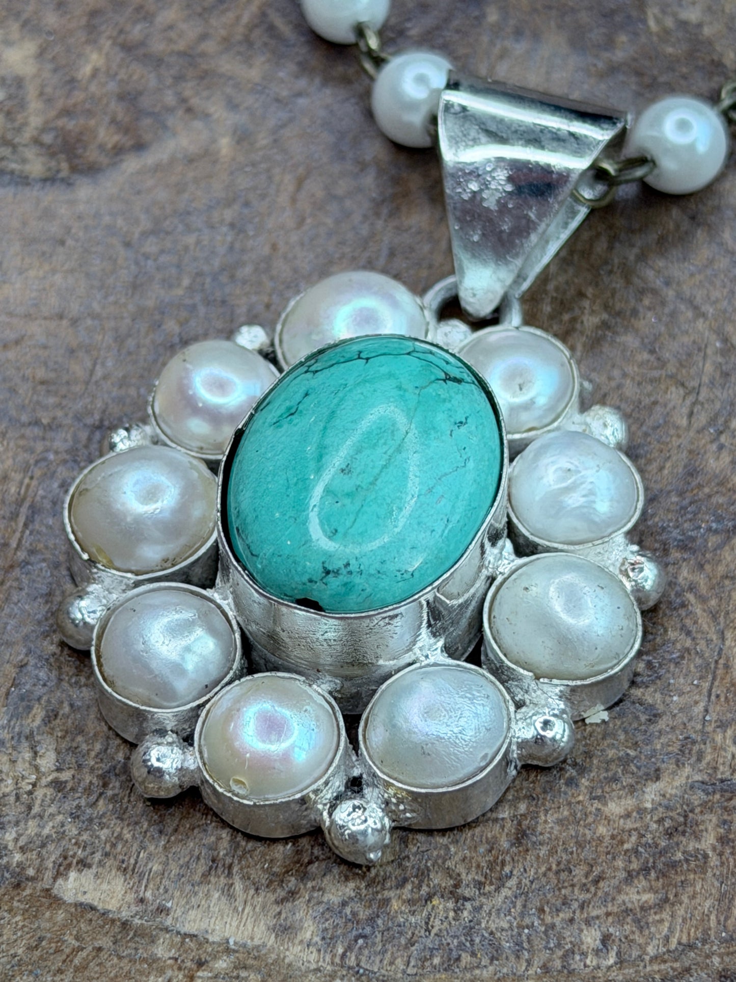 German Silver Dainty Malachite and Pearl Necklace