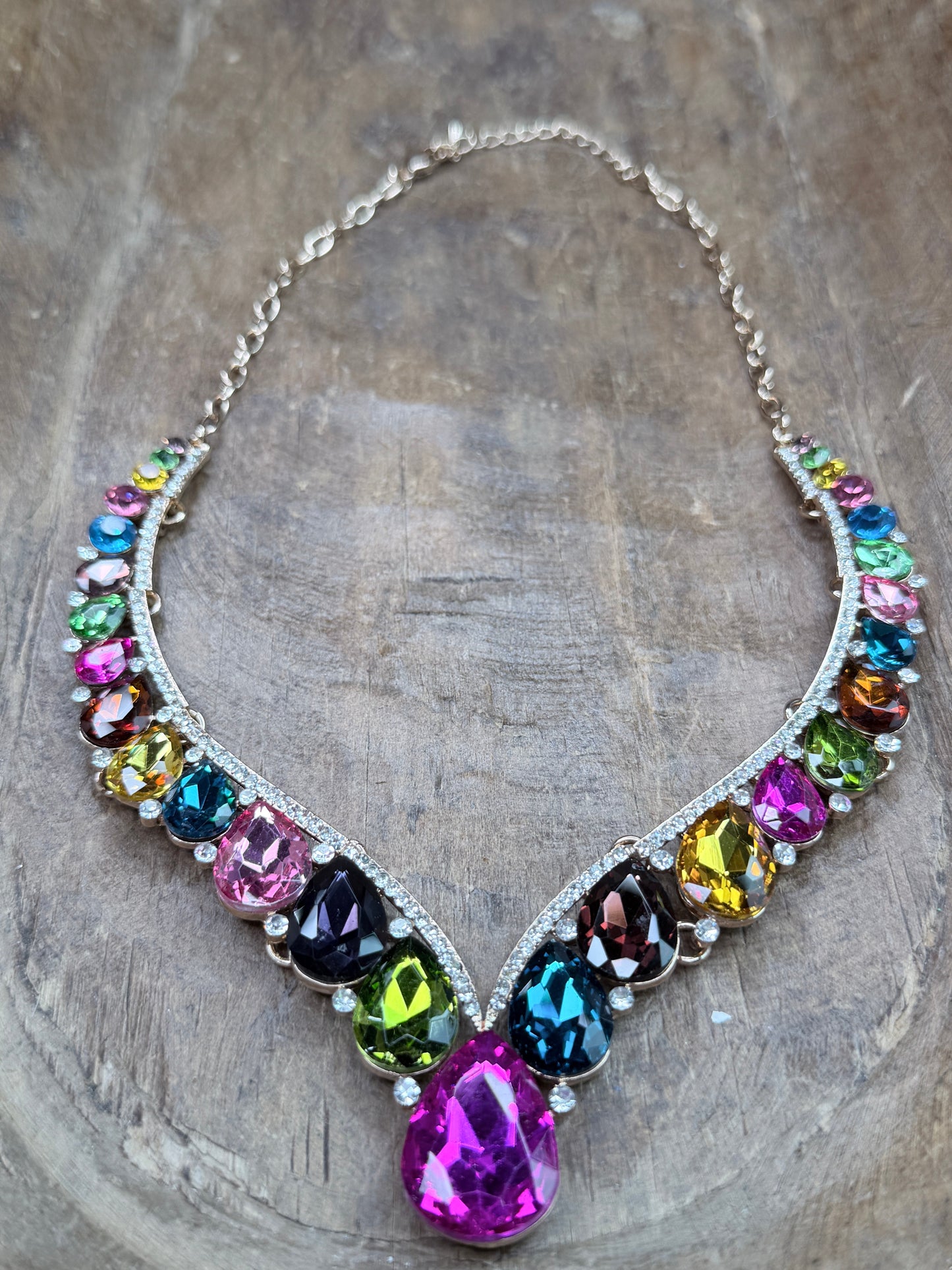 Multi Color Teardrop Crystal Evening Necklace
