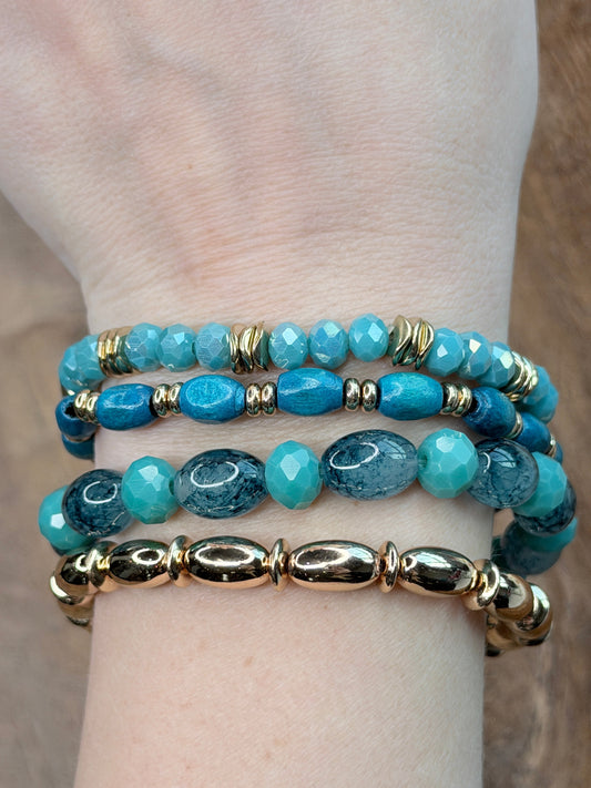 Aria Blue and Gold Crystal Beaded Bracelet Stack