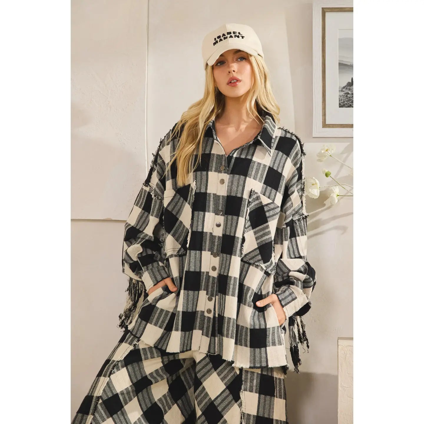 SALE Oli & Hali- Washed Checkered Frayed Hem Top (Black/White) *Final Sale*