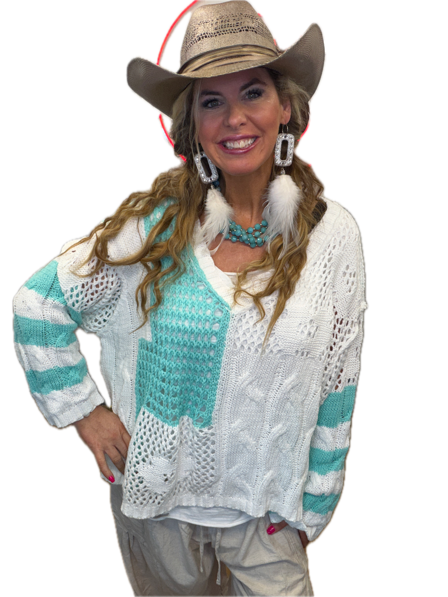 POL- Color Block V-Neck Sweater (Aqua) PREORDER *Final Sale*
