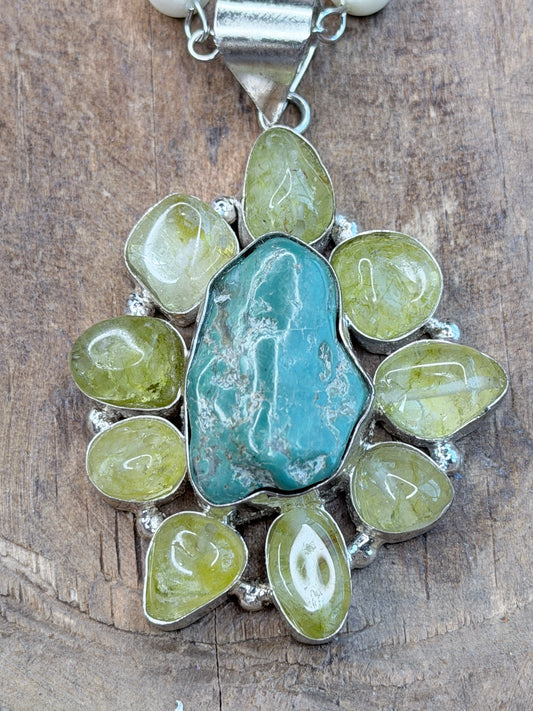 German Silver Moss Prehnite and Turquoise Necklace