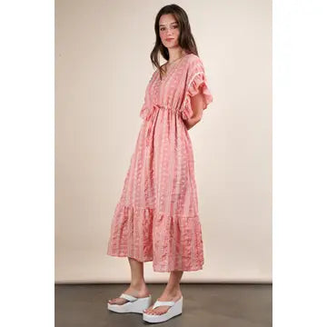 Very J Embroidered Boho Ruffled Midi Dress in Peach *Final Sale*