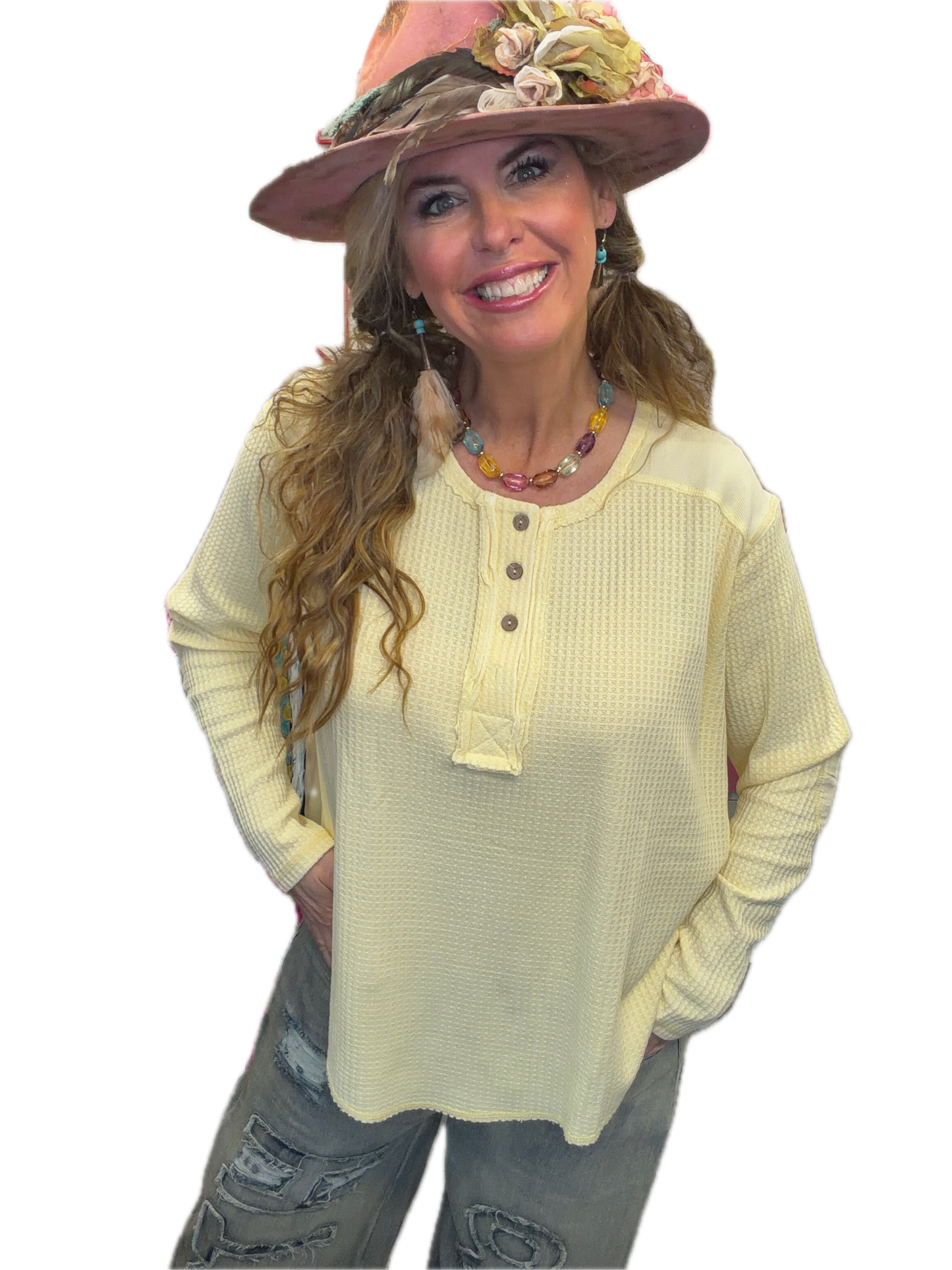 EASEL - Washed Thermal Henley Top (Banana) *Final Sale*