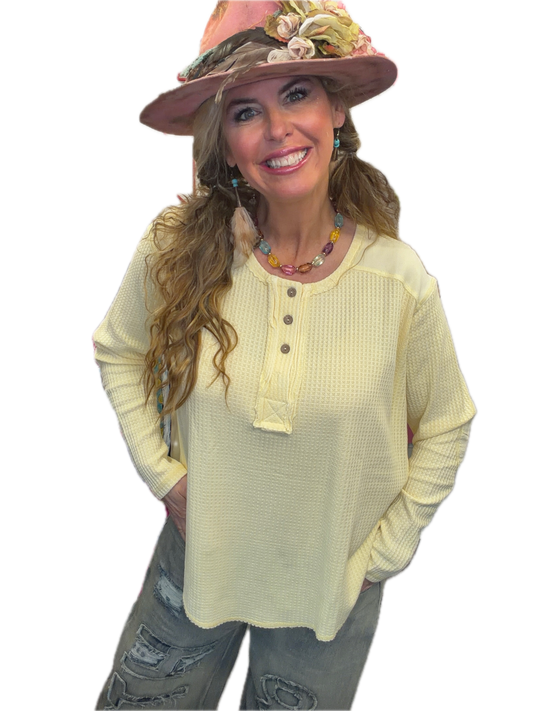 EASEL - Washed Thermal Henley Top (Banana) *Final Sale*