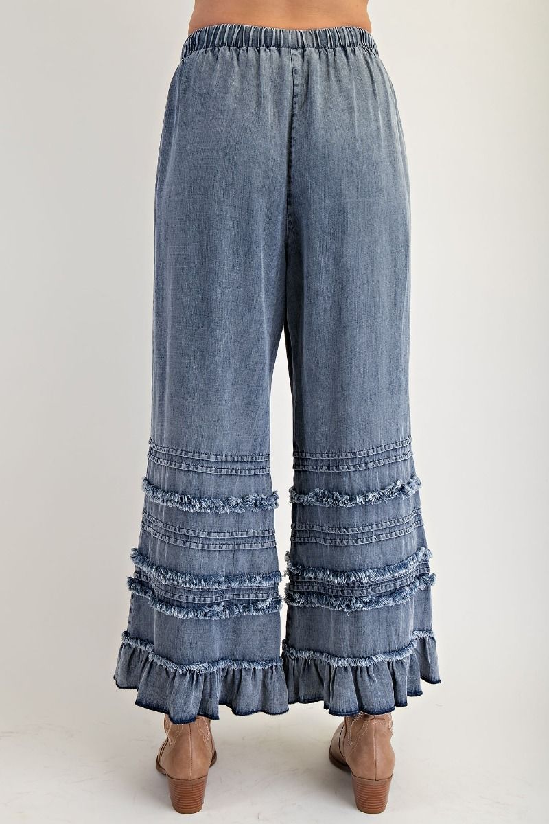 Easel- Self Fray Ruffle Bottom Pants (Dark Denim) *Final Sale*