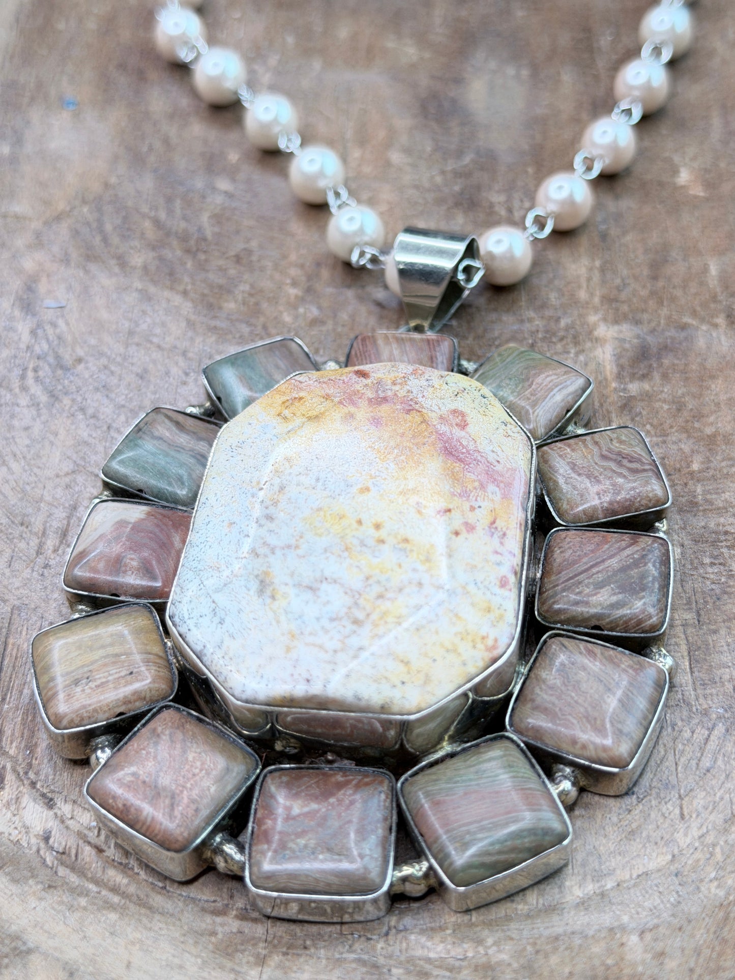 German Silver Jasper and Fossil Agate Necklace
