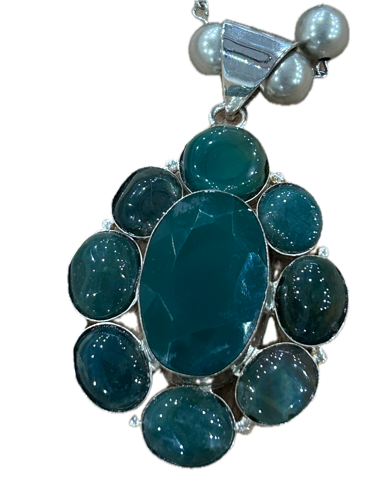 German Silver Green Onyx Cluster Necklace