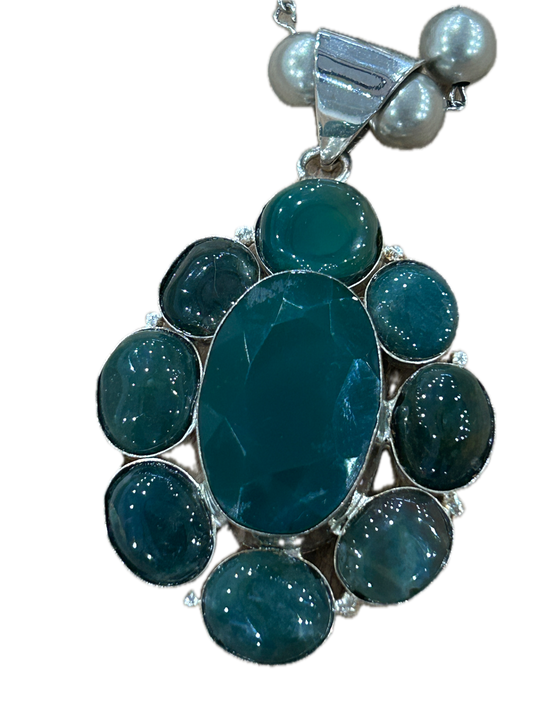 German Silver Green Onyx Cluster Necklace