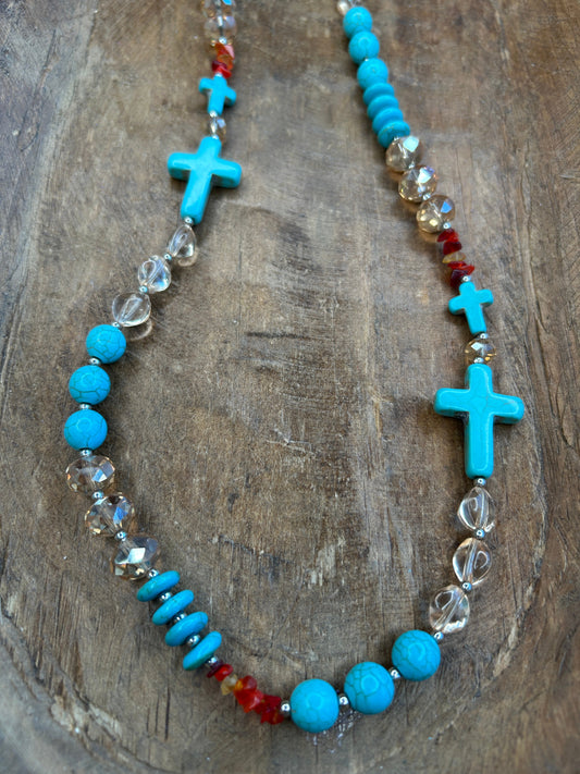 Lost & Found- Long Turquoise Cross Necklace