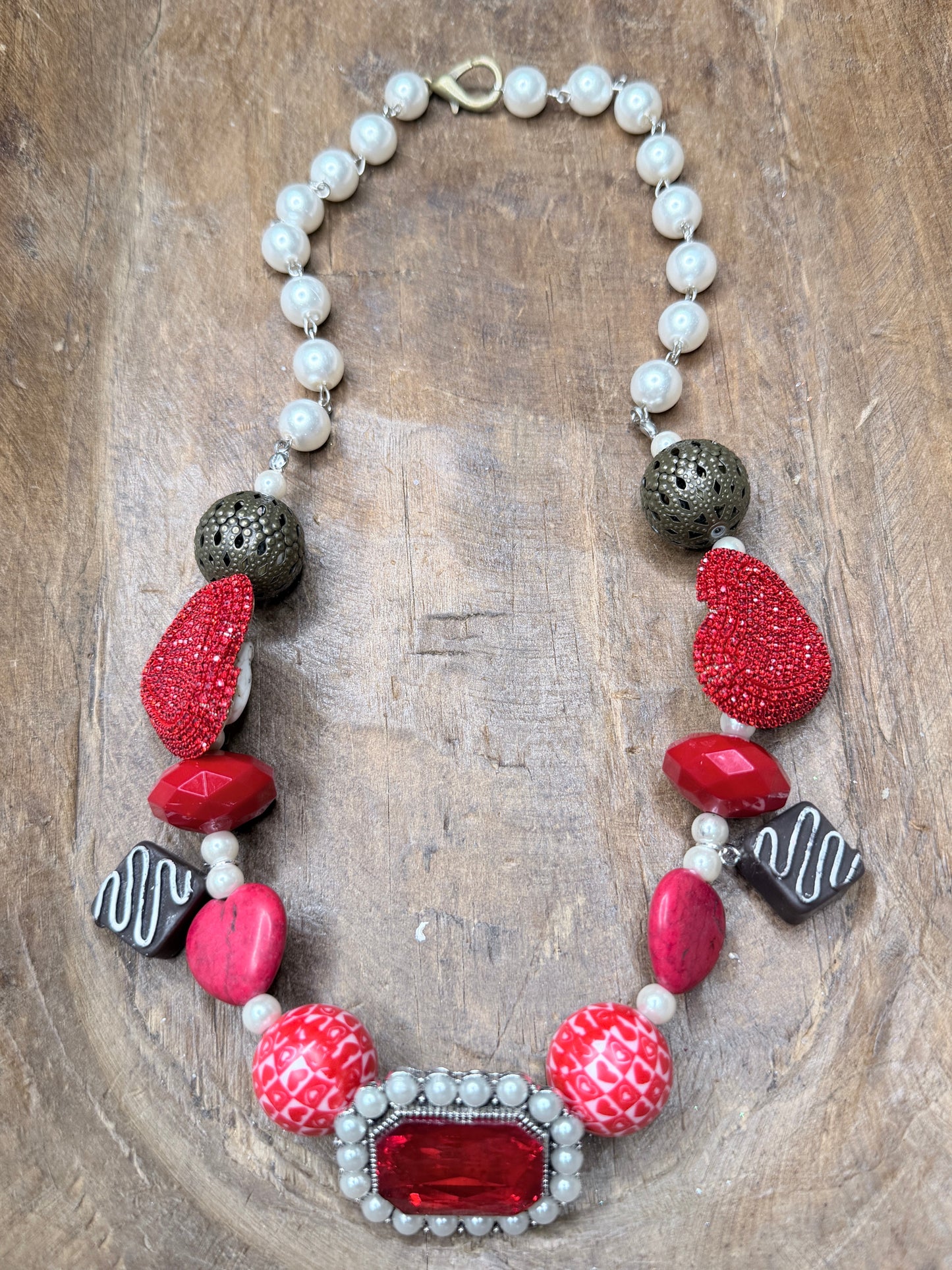 Red Rhinestone and Pearl Chocolate Necklace- ERR ORIGINAL