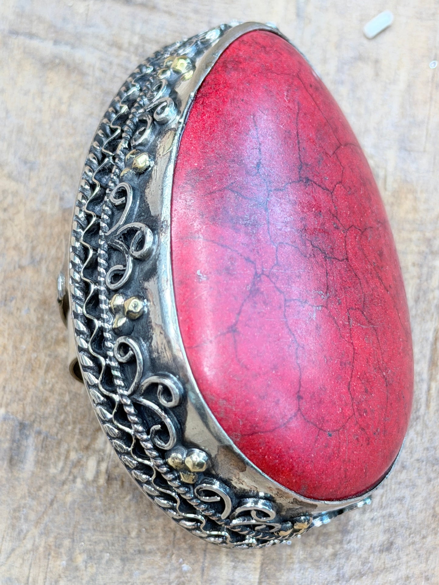 German Silver Large Coral Teardrop Ring