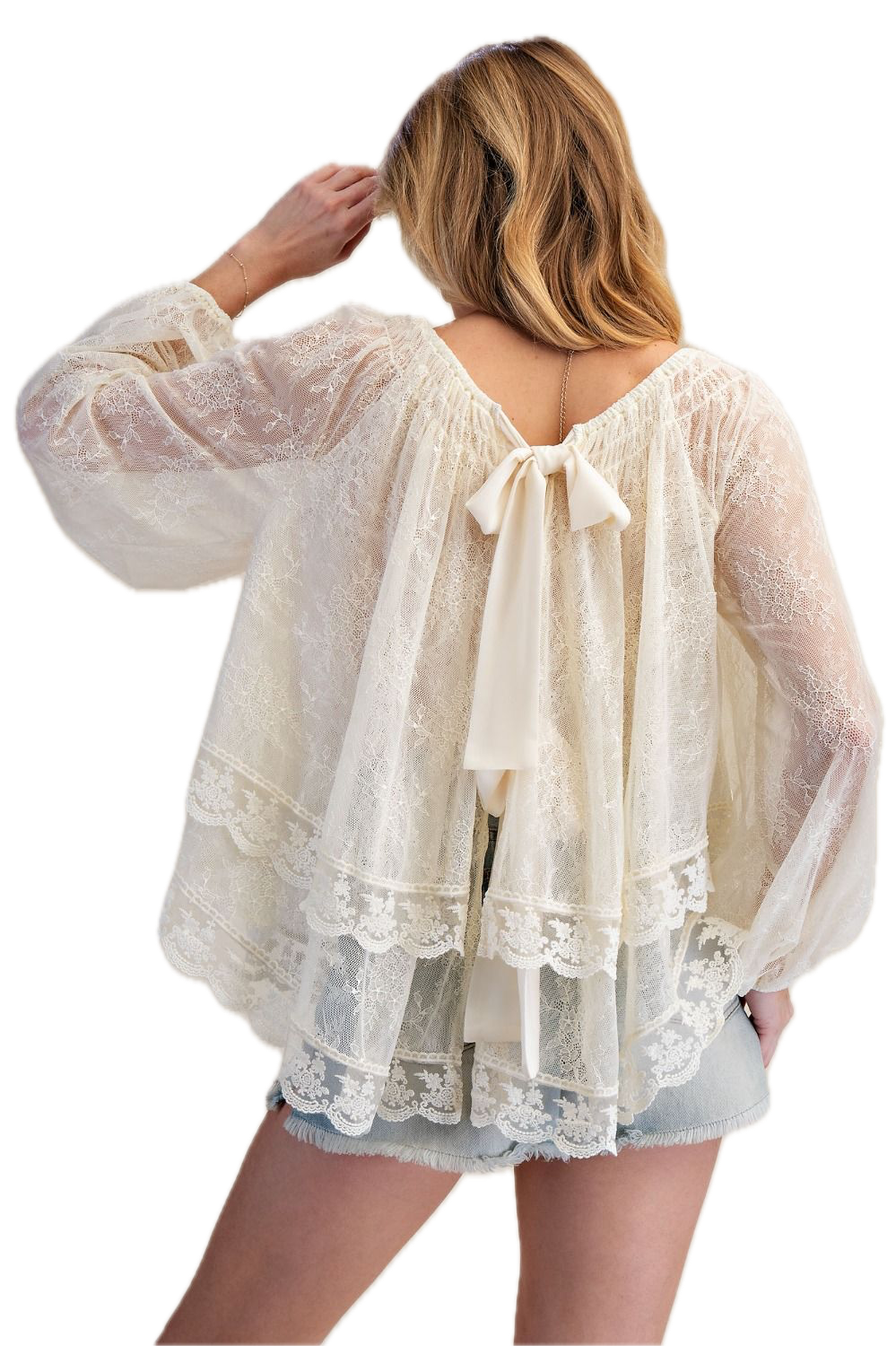 EASEL -Sheer Lace Open Back Top (Ivory/Beige)
