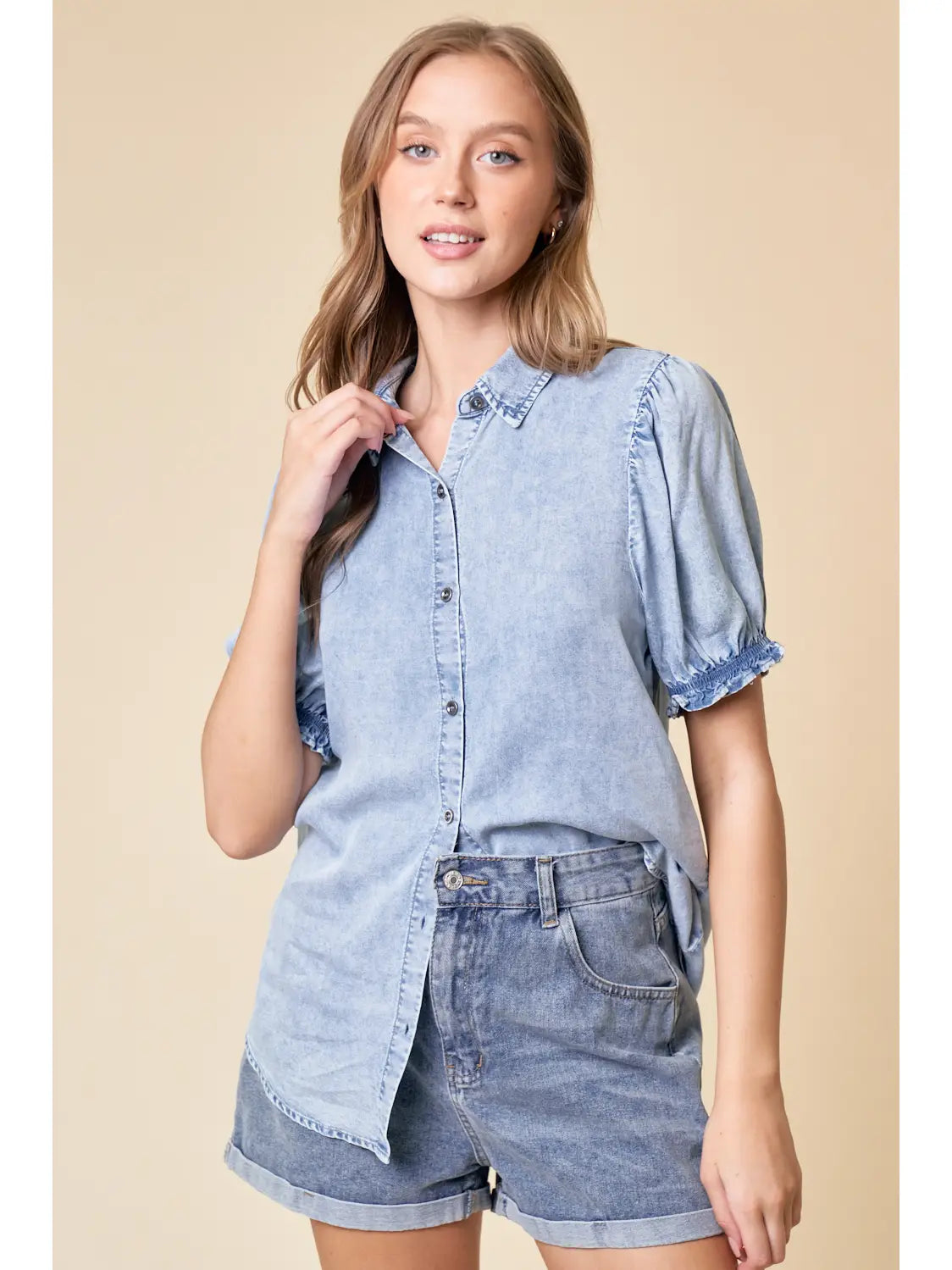 Puff Sleeve Button Down Top (Light Denim) *Final Sale*