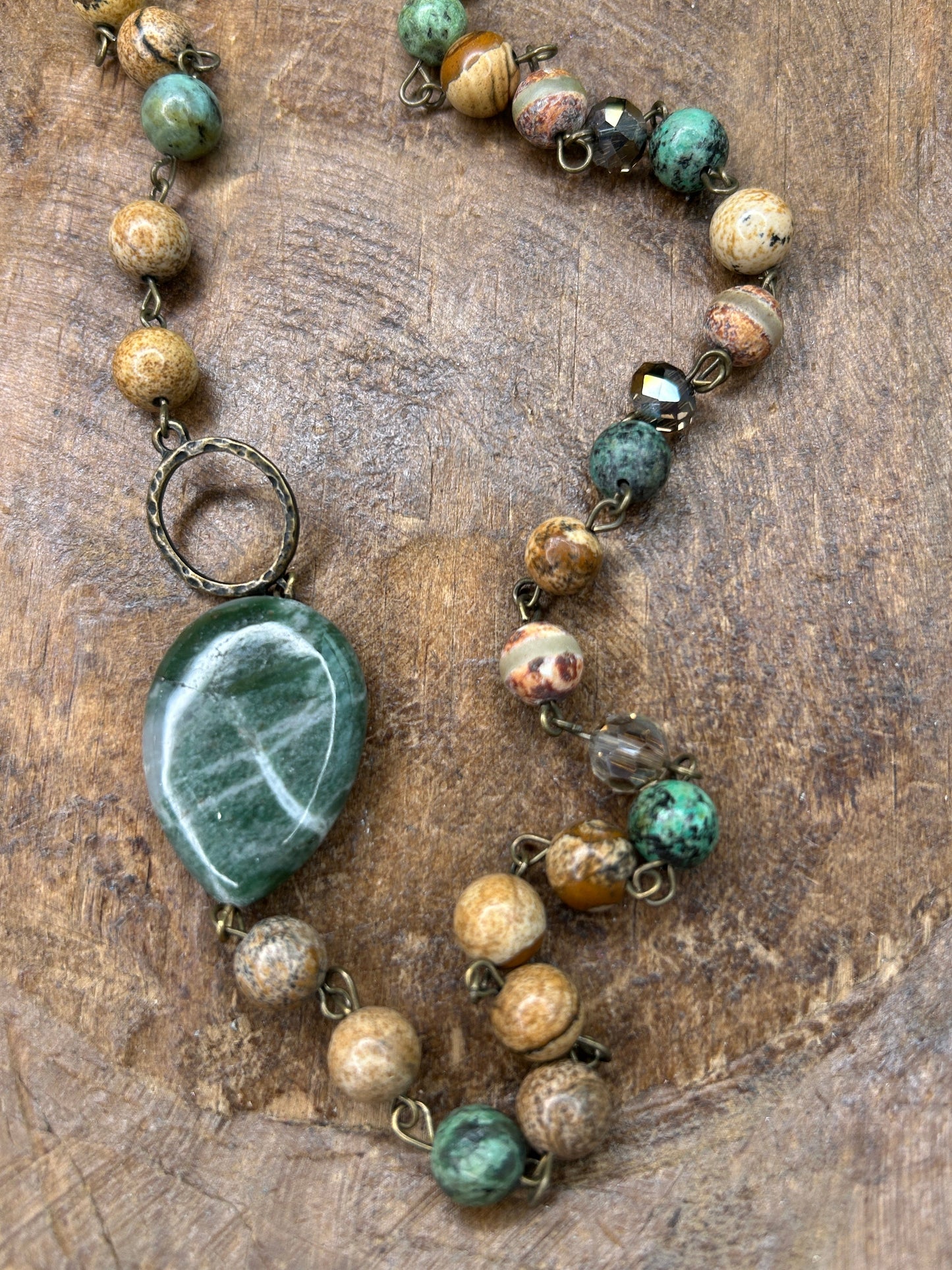 Long Multi-Beaded Textured Necklace with Green Stones