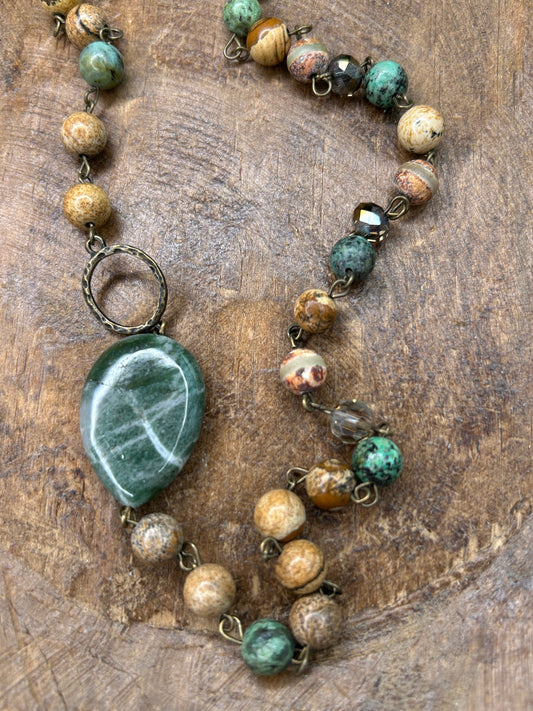 Long Multi-Beaded Textured Necklace with Green Stones