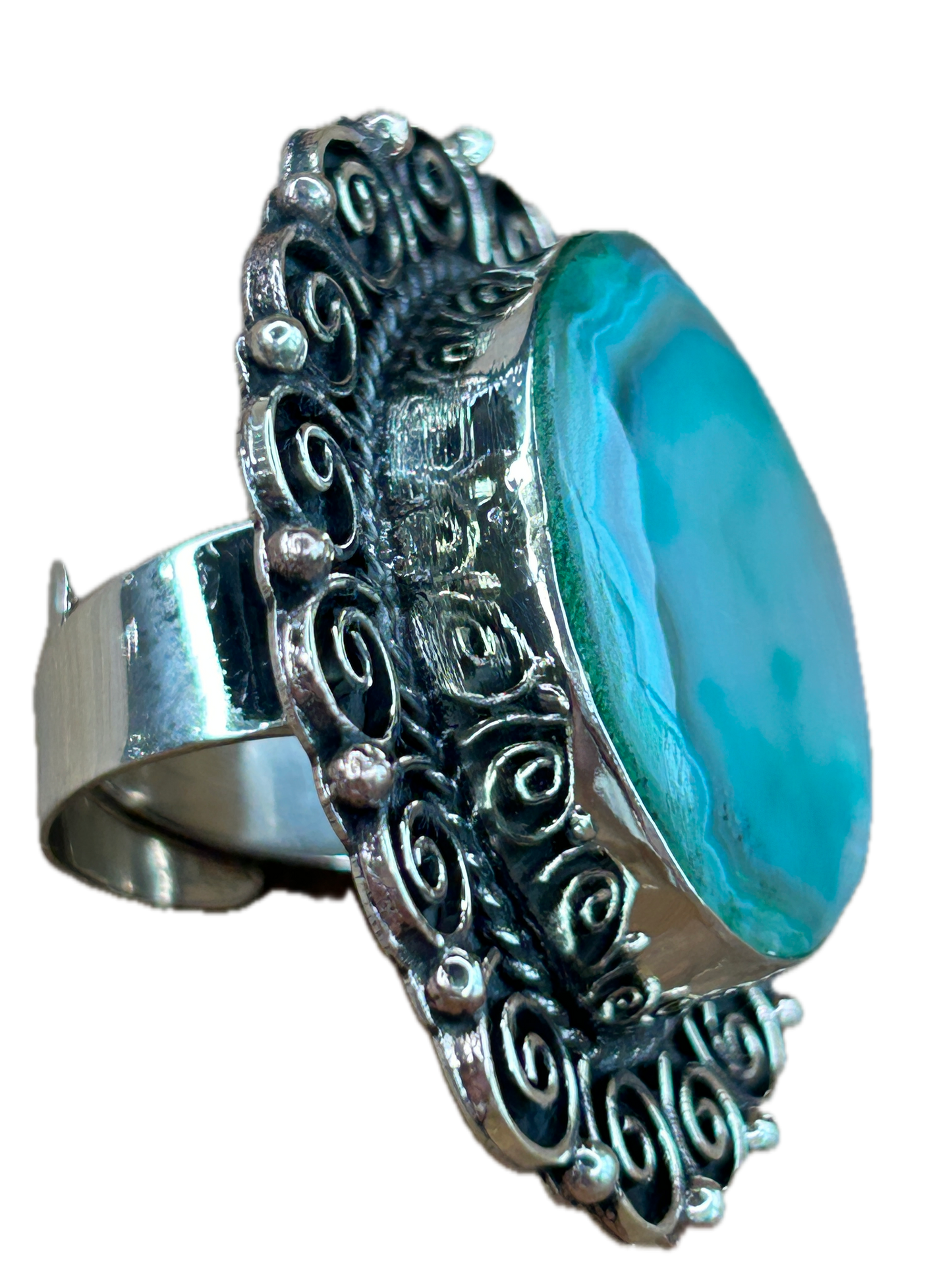 German Silver Banded Green Agate Ring