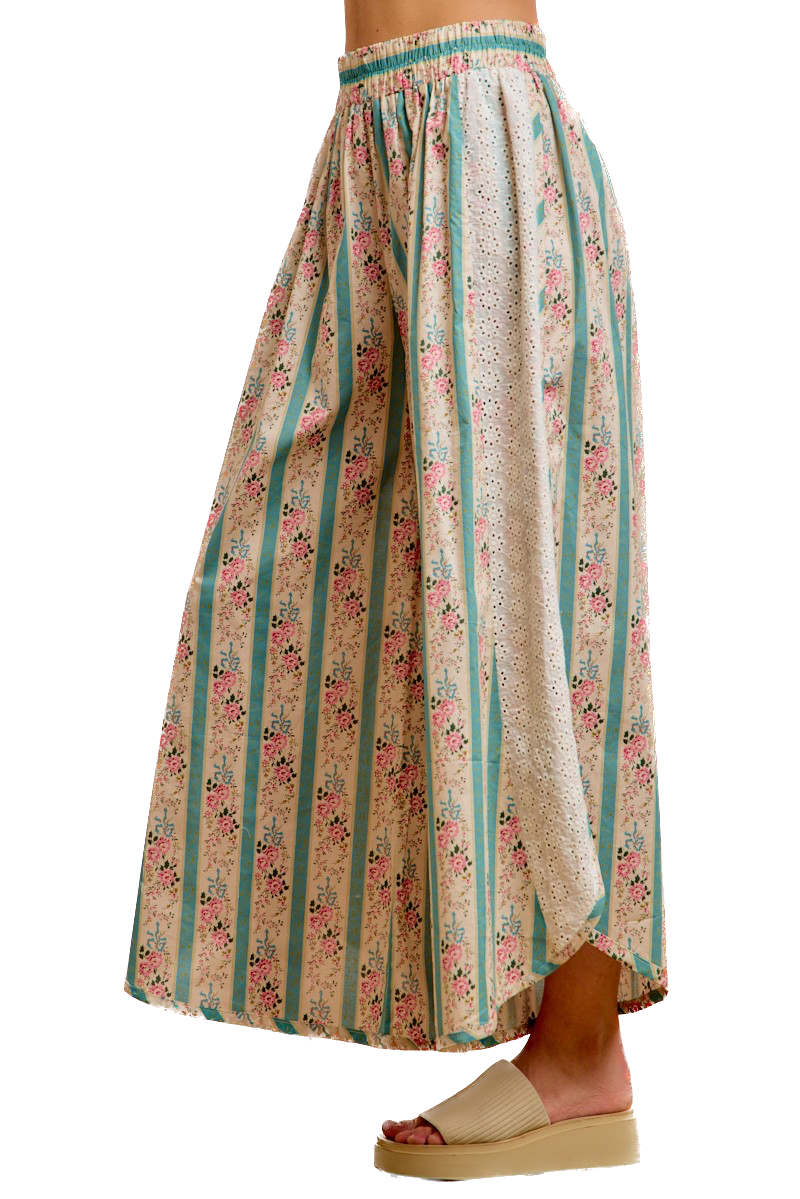 Bibi- Floral Eyelet Wide Leg Pants (Teal)