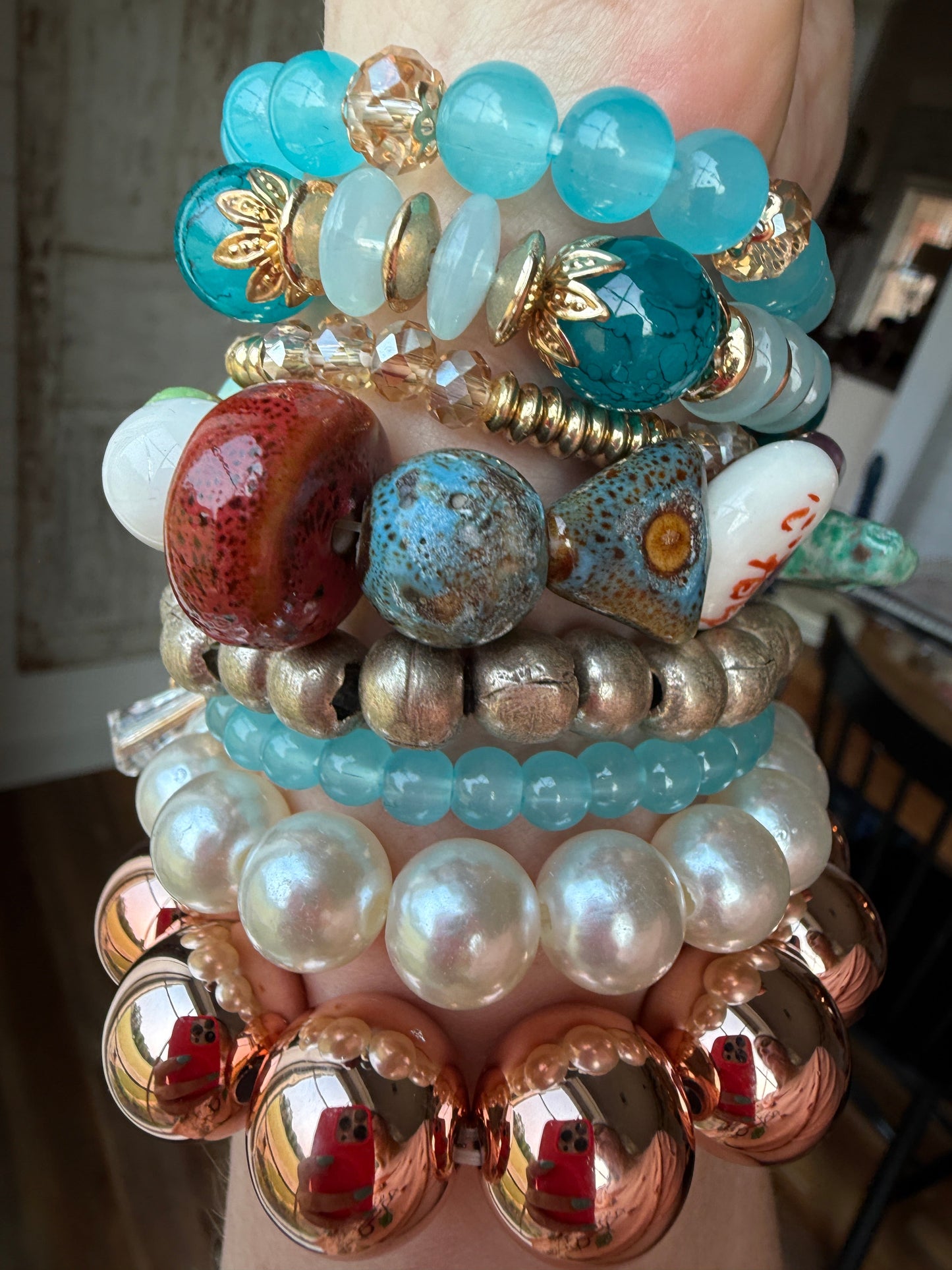 Electric Teal and Pearl Bracelet Stack